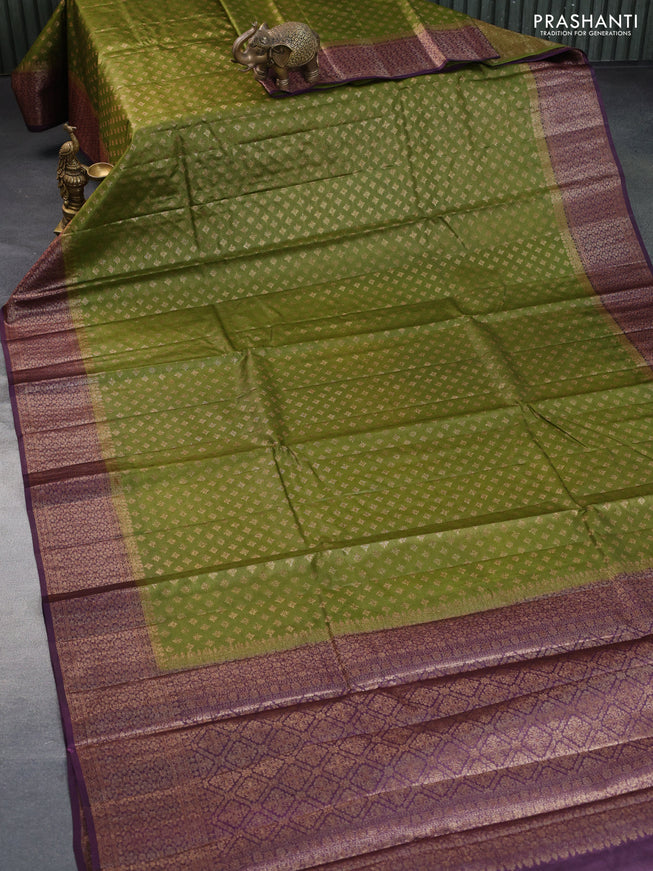 Banarasi tussar silk saree mehendi green and wine shade with thread & zari woven buttas and woven border