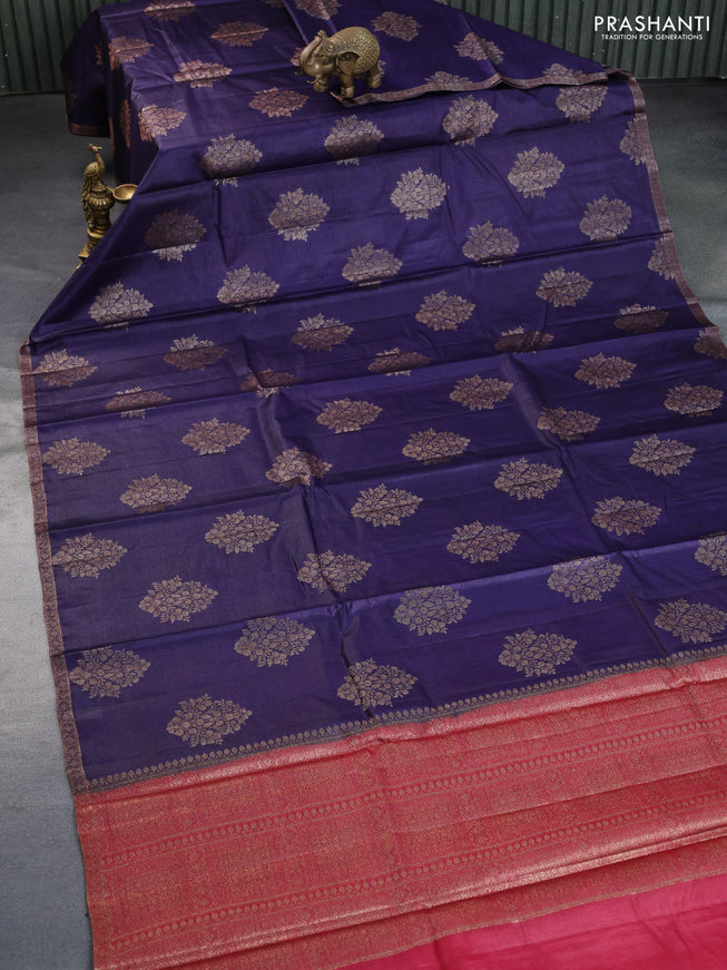 Banarasi tussar silk saree blue and maroon with thread & zari woven buttas and woven border