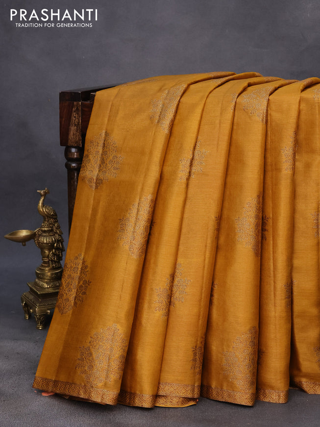 Banarasi tussar silk saree mustard yellow and maroon with thread & zari woven buttas and woven border