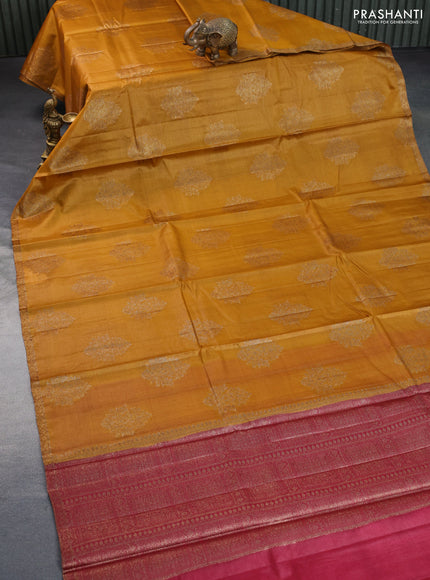 Banarasi tussar silk saree mustard yellow and maroon with thread & zari woven buttas and woven border