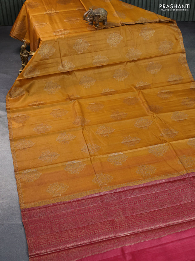 Banarasi tussar silk saree mustard yellow and maroon with thread & zari woven buttas and woven border