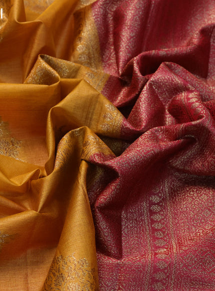 Banarasi tussar silk saree mustard yellow and maroon with thread & zari woven buttas and woven border