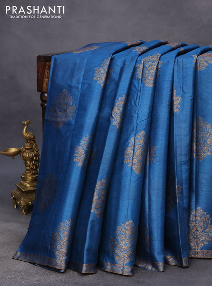 Banarasi tussar silk saree peacock blue and pink with thread & zari woven buttas and woven border