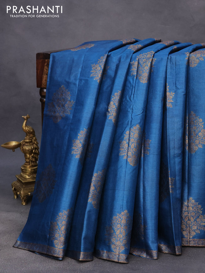 Banarasi tussar silk saree peacock blue and pink with thread & zari woven buttas and woven border