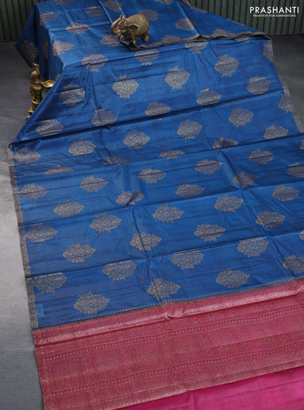 Banarasi tussar silk saree peacock blue and pink with thread & zari woven buttas and woven border