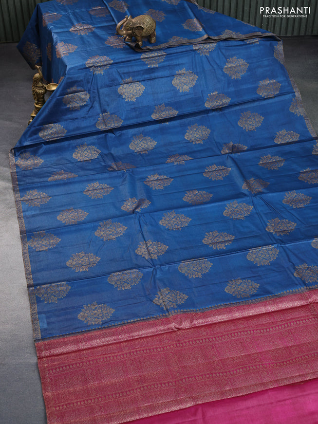 Banarasi tussar silk saree peacock blue and pink with thread & zari woven buttas and woven border