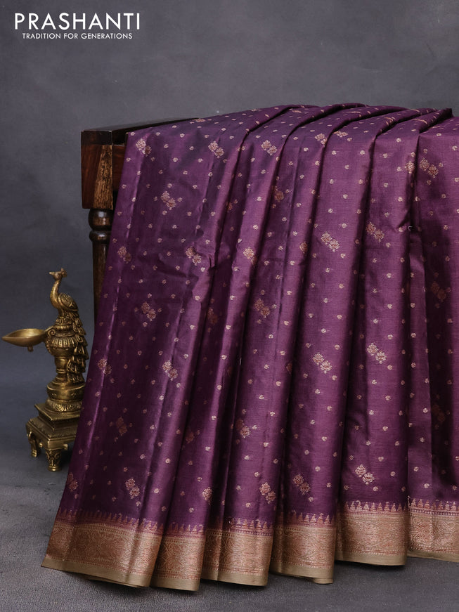 Banarasi tussar silk saree wine shade and beige with thread & zari woven buttas and woven border