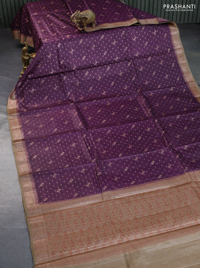 Banarasi tussar silk saree wine shade and beige with thread & zari woven buttas and woven border