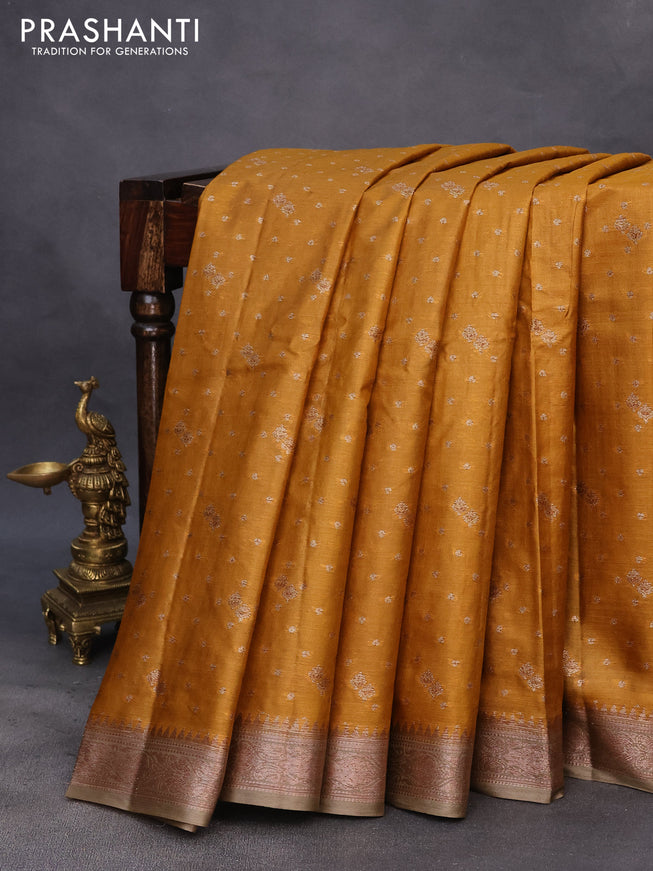 Banarasi tussar silk saree mustard yellow and beige with thread & zari woven buttas and woven border