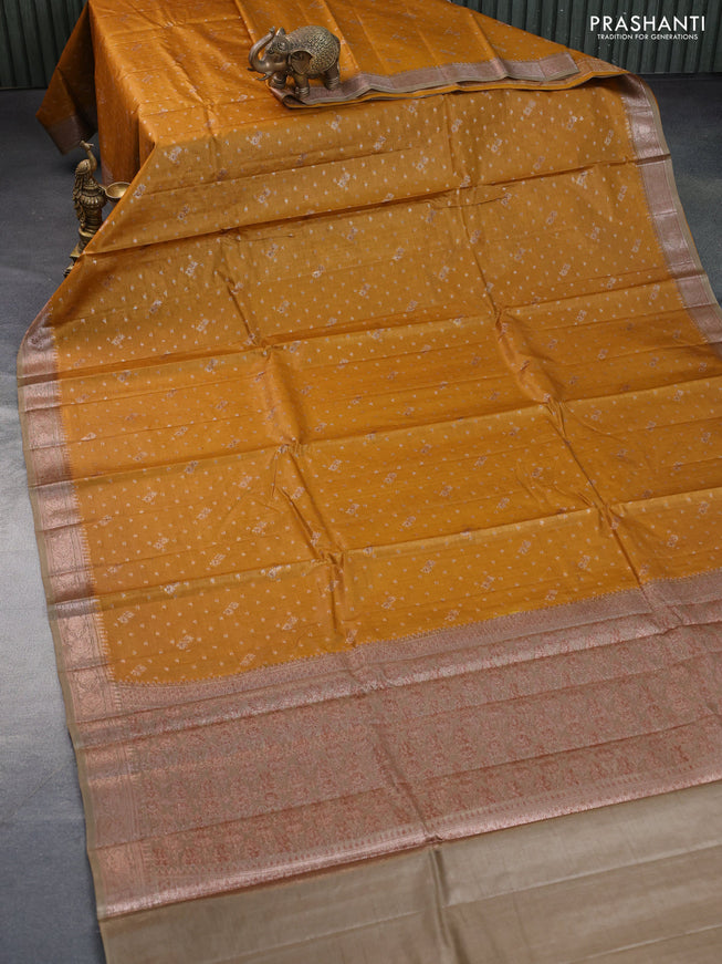 Banarasi tussar silk saree mustard yellow and beige with thread & zari woven buttas and woven border