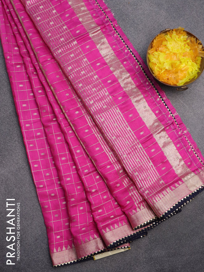 Semi chanderi saree pink and blue with allover zari checks & buttas and zari woven & gotapatti lace work border