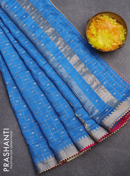 Semi chanderi saree cs blue and pink with allover zari checks & buttas and zari woven & gotapatti lace work border