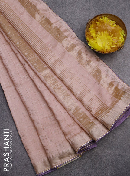 Semi chanderi saree peach shade and lavender shade with allover zari checks & buttas and zari woven & gotapatti lace work border