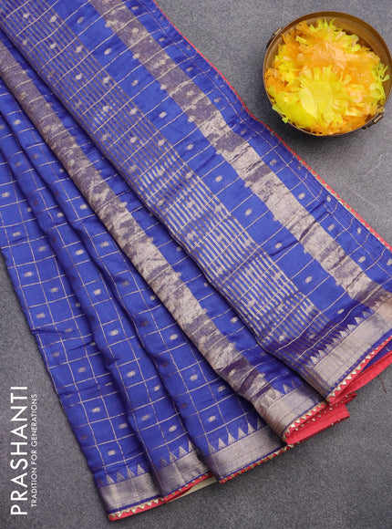 Semi chanderi saree blue and red with allover zari checks & buttas and zari woven & gotapatti lace work border