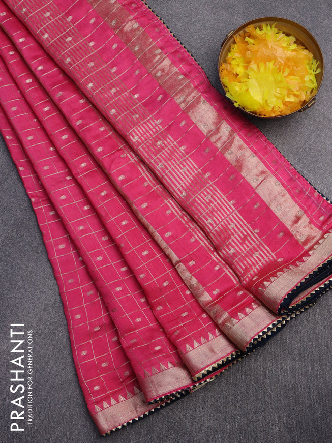 Semi chanderi saree pink and peacock blue with allover zari checks & buttas and zari woven & gotapatti lace work border