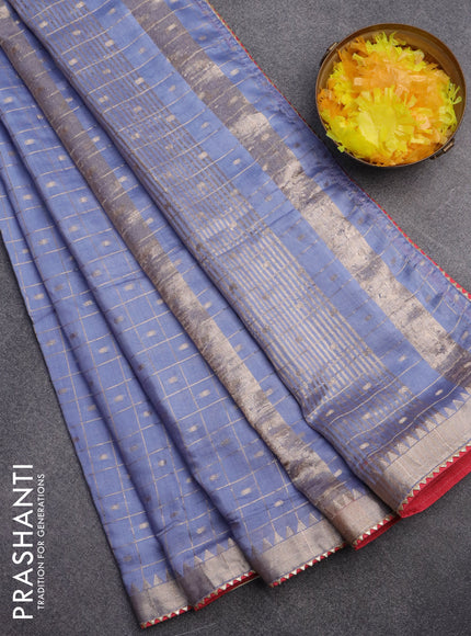 Semi chanderi saree bluish grey and red with allover zari checks & buttas and zari woven & gotapatti lace work border