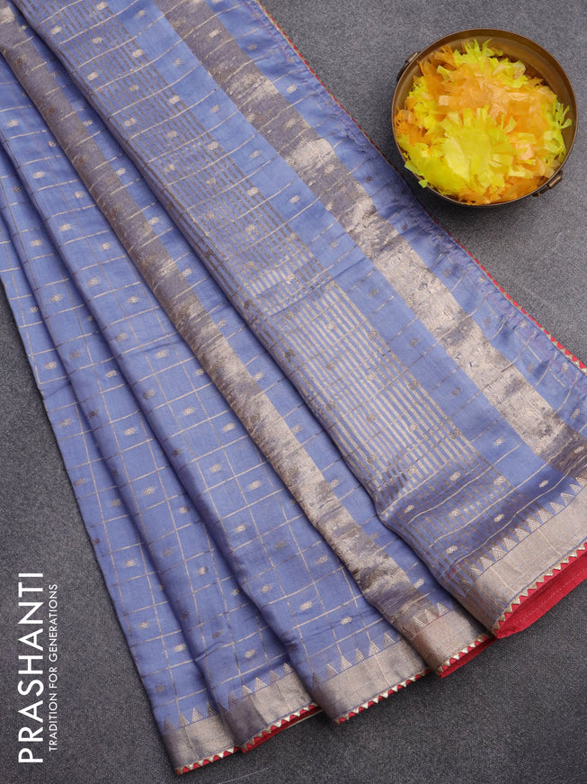 Semi chanderi saree bluish grey and red with allover zari checks & buttas and zari woven & gotapatti lace work border