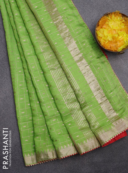 Semi chanderi saree light green and red with allover zari checks & buttas and zari woven & gotapatti lace work border