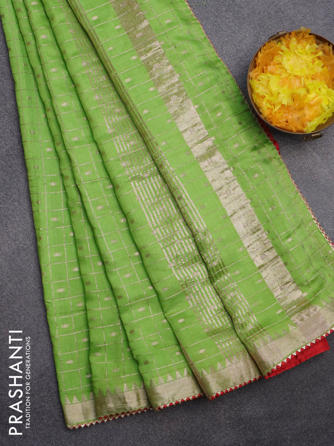 Semi chanderi saree light green and red with allover zari checks & buttas and zari woven & gotapatti lace work border