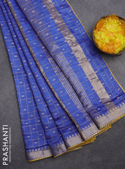 Semi chanderi saree blue and mustard yellow with allover zari checks & buttas and zari woven & gotapatti lace work border