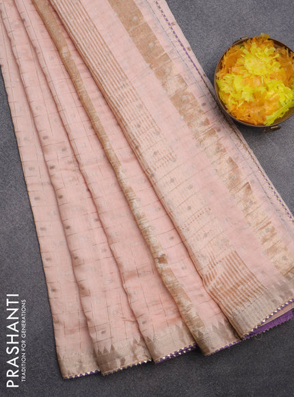 Semi chanderi saree peach shade and lavender shade with allover zari checks & buttas and zari woven & gotapatti lace work border