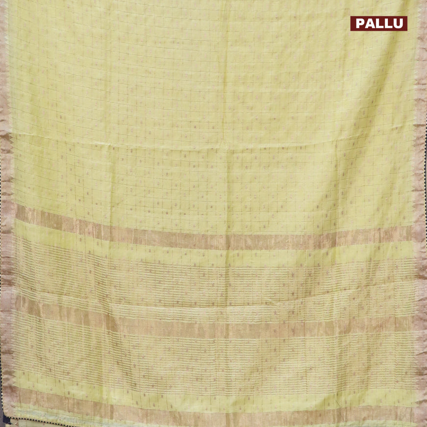 Semi chanderi saree pale yellow and dark blue with allover zari checks & buttas and zari woven & gotapatti lace work border