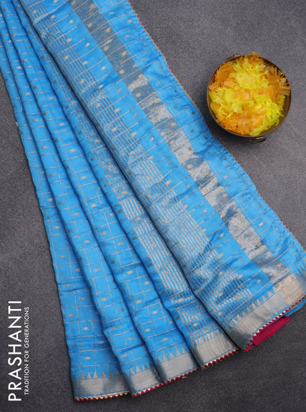 Semi chanderi saree light blue and pink with allover zari checks & buttas and zari woven & gotapatti lace work border