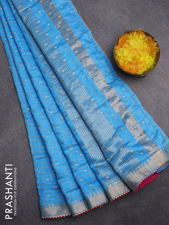 Semi chanderi saree light blue and pink with allover zari checks & buttas and zari woven & gotapatti lace work border