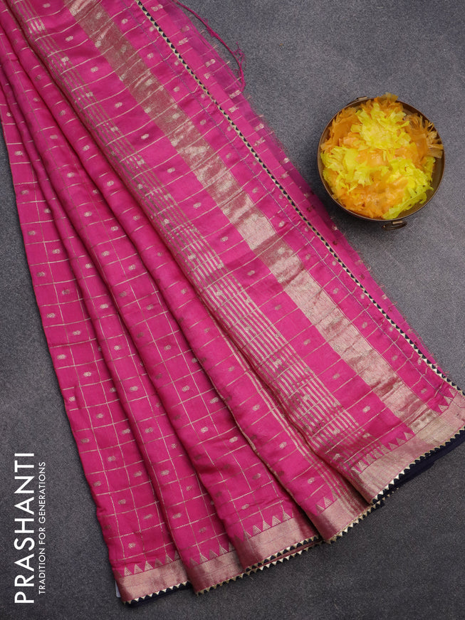 Semi chanderi saree pink and dark blue with allover zari checks & buttas and zari woven & gotapatti lace work border