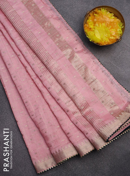 Semi chanderi saree pastel pink and green with allover zari checks & buttas and zari woven & gotapatti lace work border