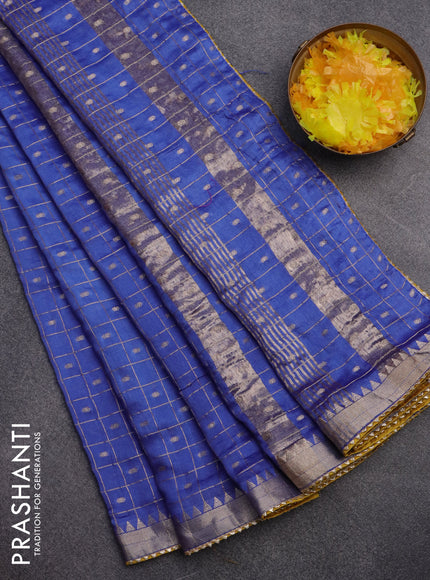 Semi chanderi saree blue and mustard yellow with allover zari checks & buttas and zari woven & gotapatti lace work border