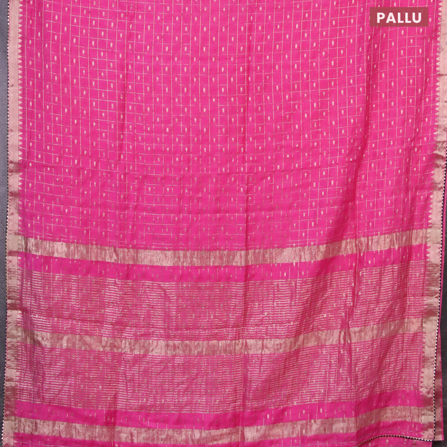 Semi chanderi saree pink and dark blue with allover zari checks & buttas and zari woven & gotapatti lace work border