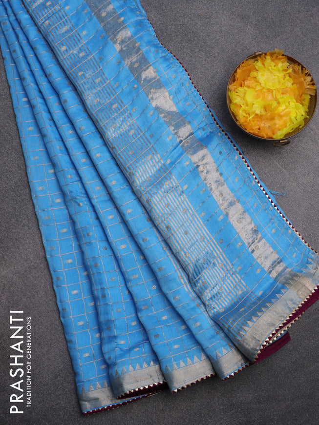 Semi chanderi saree light blue and purple with allover zari checks & buttas and zari woven & gotapatti lace work border