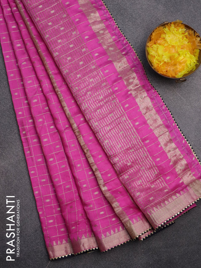 Semi chanderi saree pink and dark blue with allover zari checks & buttas and zari woven & gotapatti lace work border