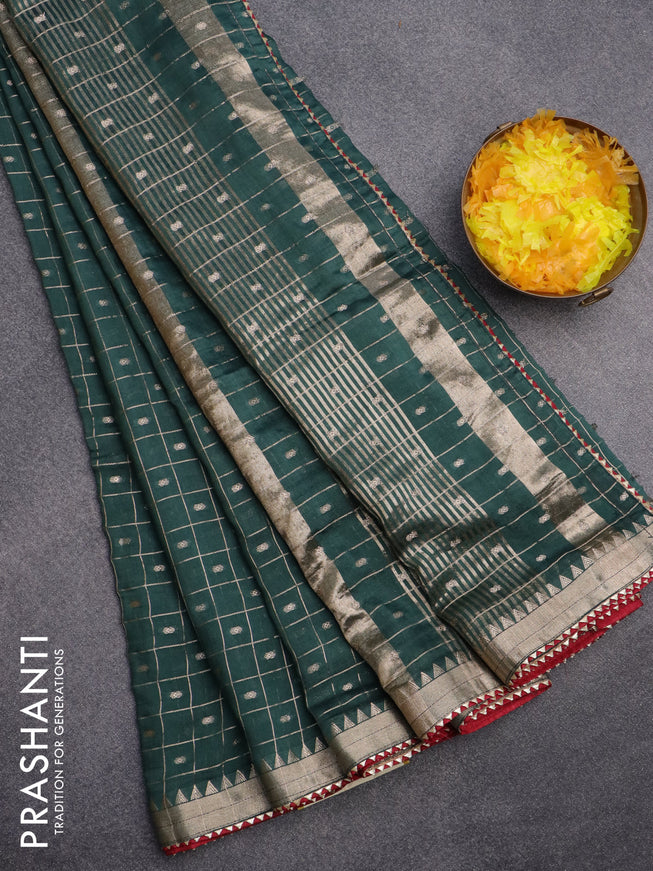 Semi chanderi saree green and maroon with allover zari checks & buttas and zari woven & gotapatti lace work border