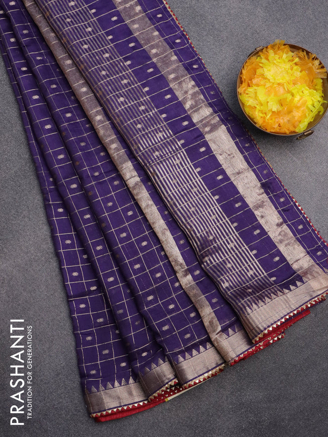 Semi chanderi saree deep violet and maroon with allover zari checks & buttas and zari woven & gotapatti lace work border