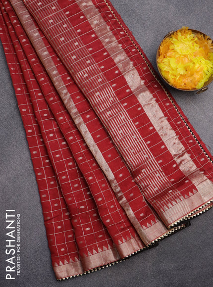 Semi chanderi saree maroon and black with allover zari checks & buttas and zari woven & gotapatti lace work border