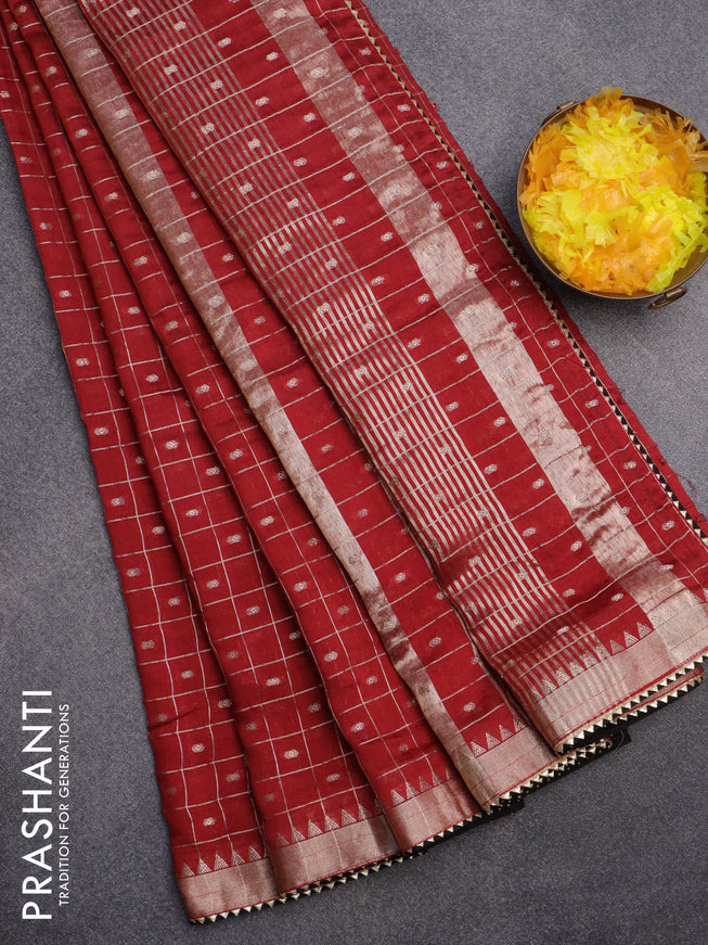 Semi chanderi saree maroon and black with allover zari checks & buttas and zari woven & gotapatti lace work border