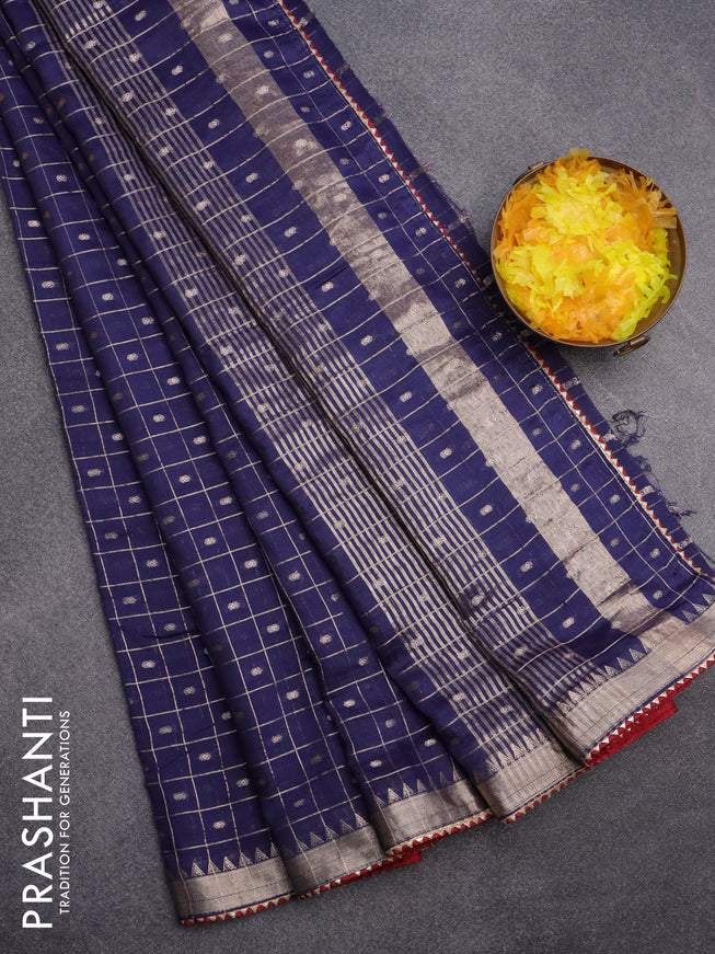 Semi chanderi saree dark blue and maroon with allover zari checks & buttas and zari woven & gotapatti lace work border