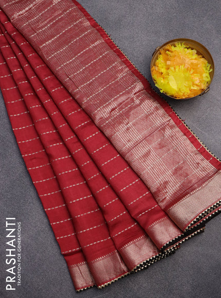 Semi chanderi saree maroon and black with allover zari weaves and zari woven & gotapatti lace work border