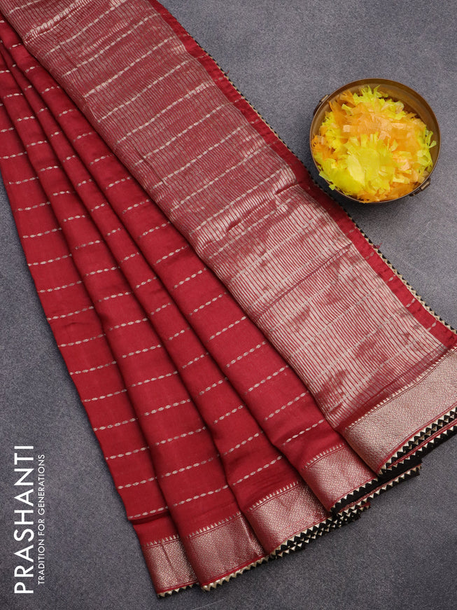 Semi chanderi saree maroon and black with allover zari weaves and zari woven & gotapatti lace work border