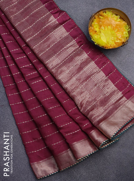 Semi chanderi saree maroon and bottle green with allover zari weaves and zari woven & gotapatti lace work border