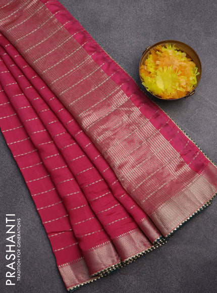 Semi chanderi saree pink and bottle green with allover zari weaves and zari woven & gotapatti lace work border