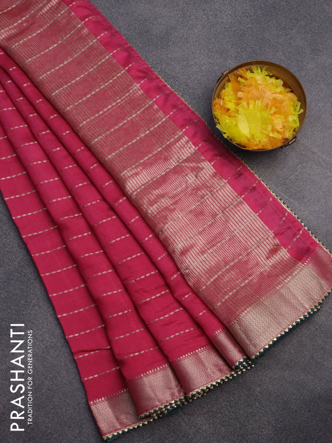 Semi chanderi saree pink and bottle green with allover zari weaves and zari woven & gotapatti lace work border