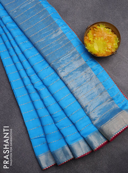 Semi chanderi saree blue and pink with allover zari weaves and zari woven & gotapatti lace work border