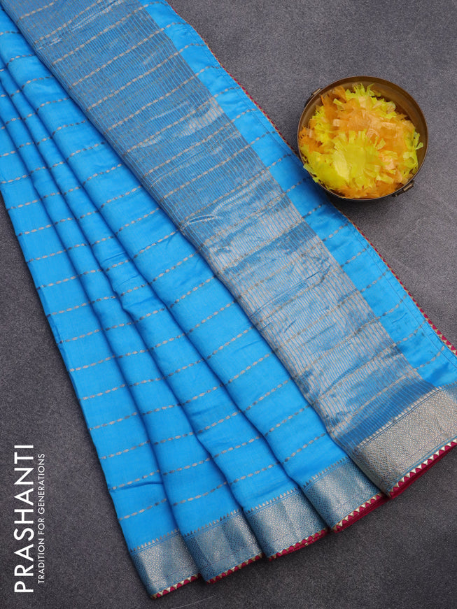 Semi chanderi saree blue and pink with allover zari weaves and zari woven & gotapatti lace work border