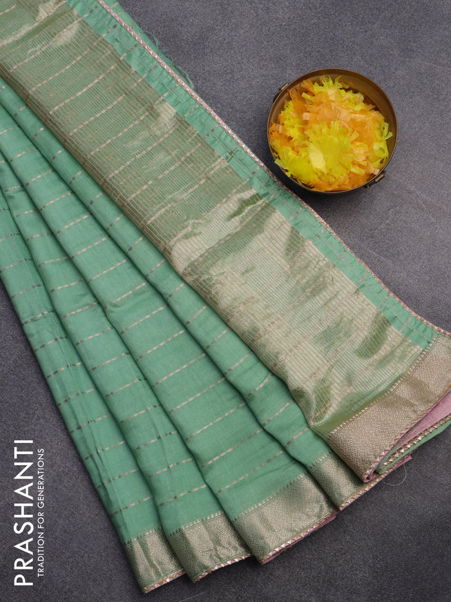 Semi chanderi saree pastel green and pastel pink with allover zari weaves and zari woven & gotapatti lace work border