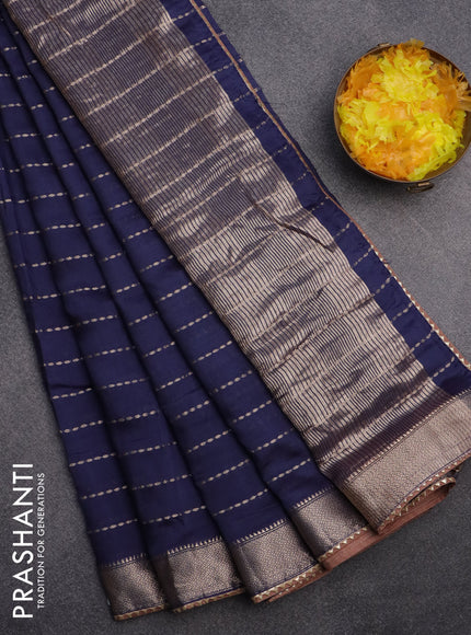 Semi chanderi saree navy blue and pastel brown with allover zari weaves and zari woven & gotapatti lace work border