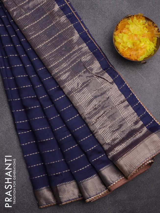 Semi chanderi saree navy blue and pastel brown with allover zari weaves and zari woven & gotapatti lace work border