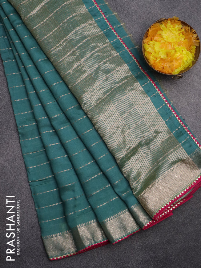 Semi chanderi saree teal green shade and pink with allover zari weaves and zari woven & gotapatti lace work border